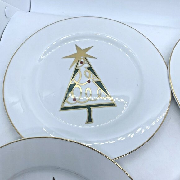 PIER ONE Christmas Tree Porcelain Dessert Plates Set of Four Vintage Red & Green - Picture 8 of 12